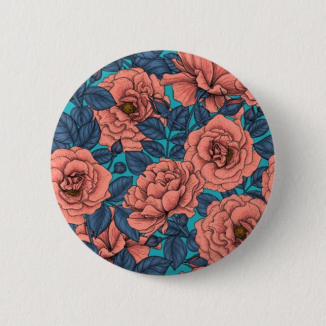 Macaron Rond 5 Cm Roses roses avec feuilles bleus sur bleu (Devant)