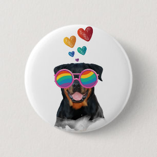 Macaron Rond 5 Cm Rottweiler Chien avec Coeurs Saint-Valentin