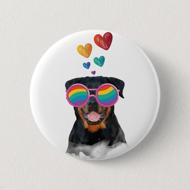 Macaron Rond 5 Cm Rottweiler Chien avec Coeurs Saint-Valentin (Devant)