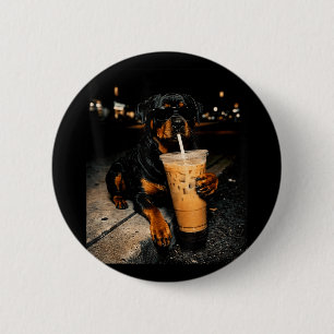 Macaron Rond 5 Cm Rottweiler Cool Buvant un Café Glacé Drôle d'Art d