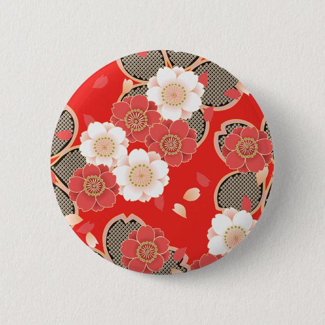 Macaron Rond 5 Cm Rouge et blanc Sakura Japonais Kimono (Devant)