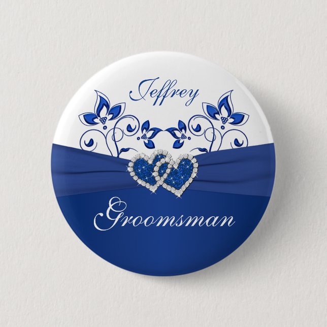 Macaron Rond 5 Cm Royal Blue, Blanc Floral Groomsman Pin (Devant)