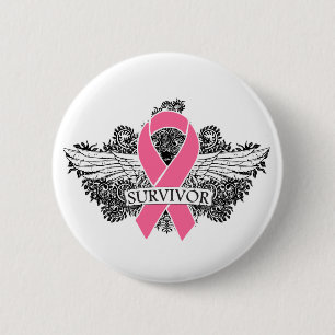 Macaron Rond 5 Cm Ruban de SURVIVANT à ailes par cancer du sein