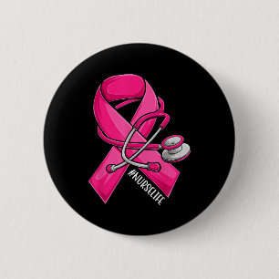 Macaron Rond 5 Cm Ruban rose Stethoscope Infirmière Vie Cancer du se