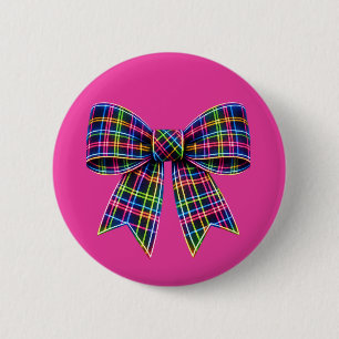 Macaron Rond 5 Cm Ruban Tartan à Nœud Néon Rose Écossais Mignon