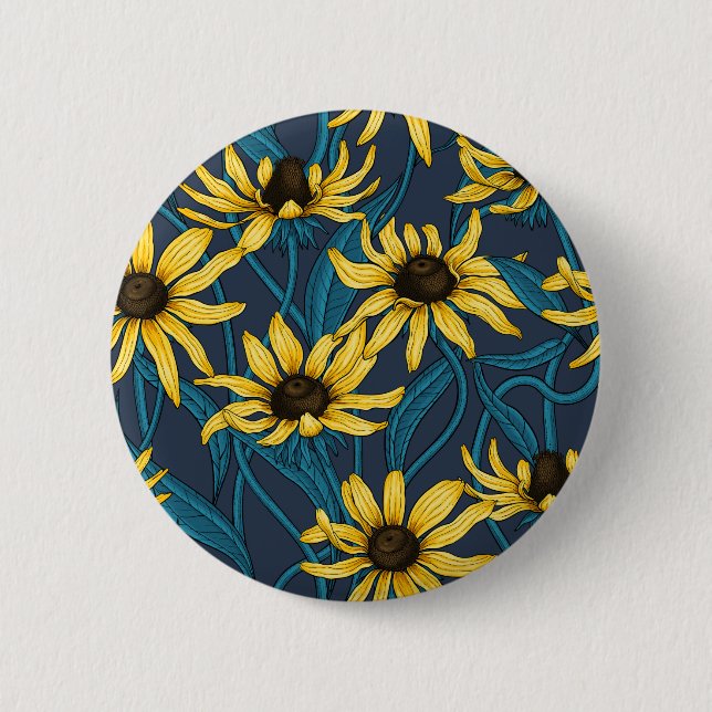 Macaron Rond 5 Cm Rudbekia jaune sur la marine (Devant)
