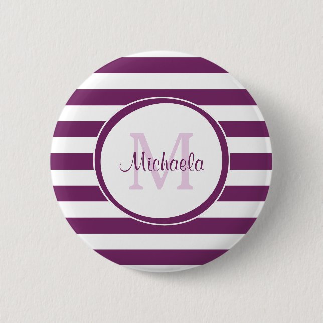 Macaron Rond 5 Cm Rugby Violet avec Monogramme Chic et nom (Devant)