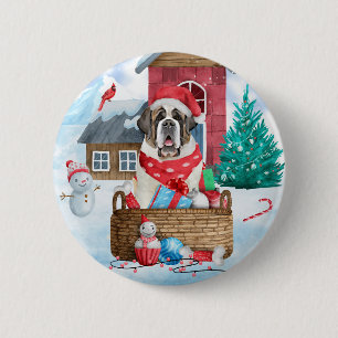 Macaron Rond 5 Cm Saint Bernard Chien dans la neige Maison de Chien