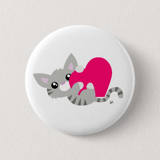 Macaron Rond 5 Cm Saint Valentin Bouton gris Kitty (Devant)