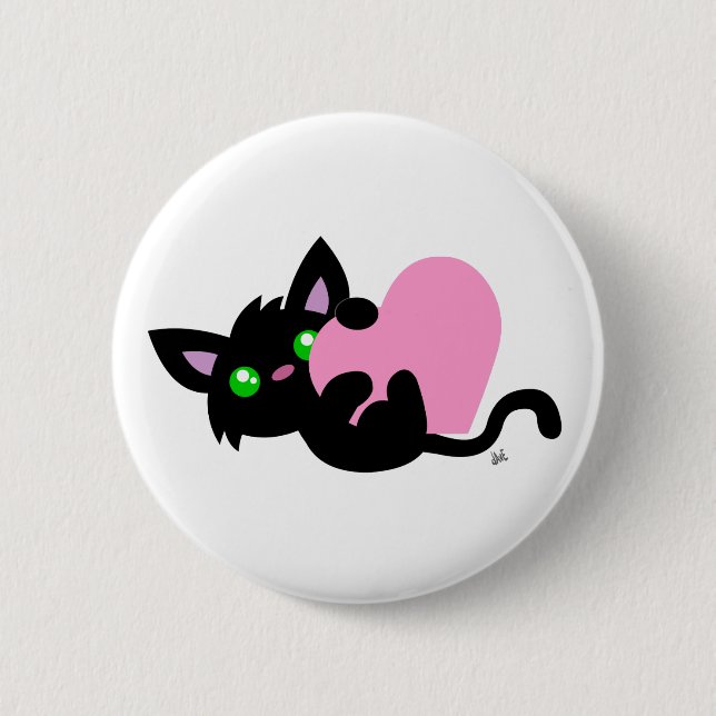 Macaron Rond 5 Cm Saint Valentin Bouton Kitty noir (Devant)
