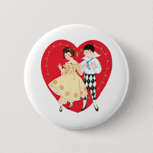 Macaron Rond 5 Cm Saint-Valentin rétro, Arlequin et cœur vintage