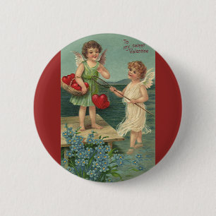 Macaron Rond 5 Cm Saint-Valentin vintage, Anges pêchant des cœurs