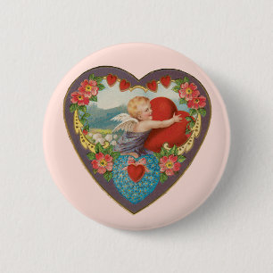 Macaron Rond 5 Cm Saint Valentin vintage, Coeurs Cherub victoriens