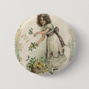 Macaron Rond 5 Cm Saint Valentin vintage, Victorian Girl with Rose
