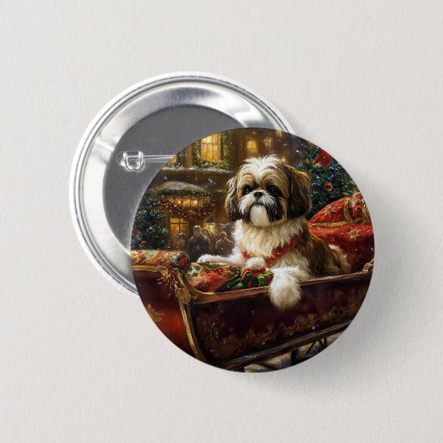 Macaron Rond 5 Cm Saison de Noël Shih Tzu (Devant & derrière)