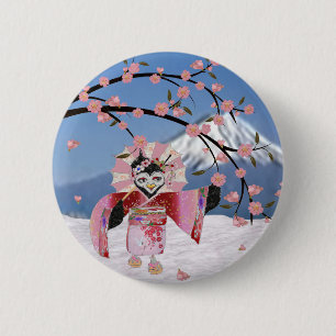 Macaron Rond 5 Cm Sakura Geisha Oiseau sous la Neige Cerisier en Fle