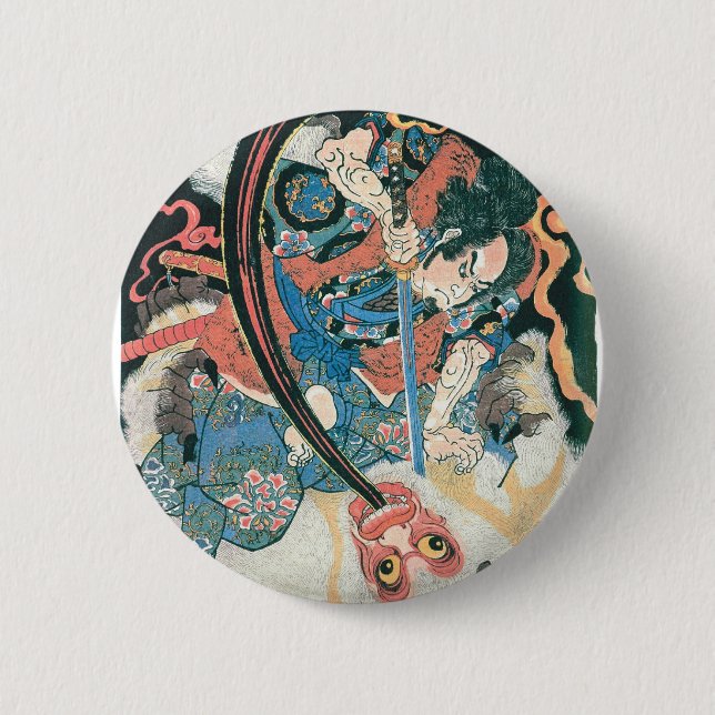 Macaron Rond 5 Cm Samouraï tuant un démon, peinture japonaise ancien (Devant)