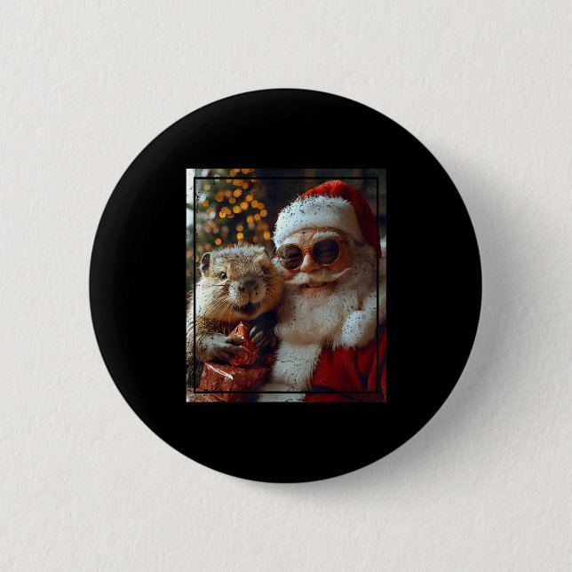 Macaron Rond 5 Cm Santa And Beaver Selfie Funny Christmas Design  (Devant)