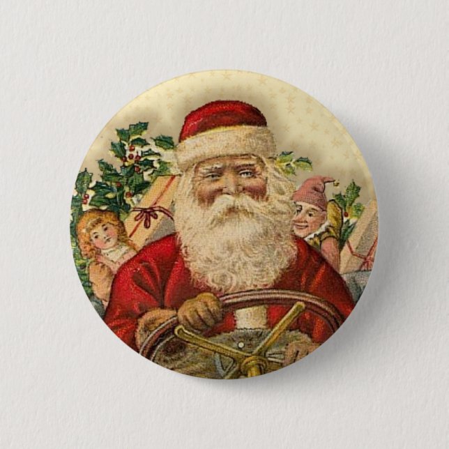 Macaron Rond 5 Cm Santa Claus vintage en voiture : Boutons (Devant)