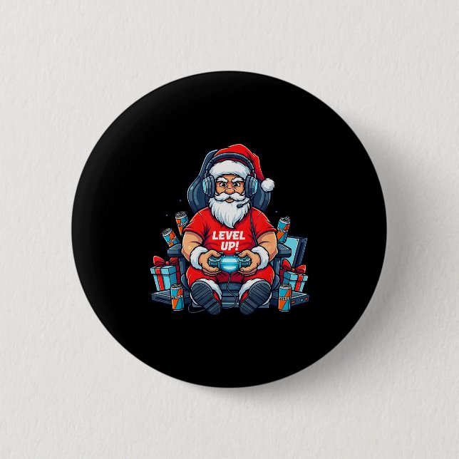 Macaron Rond 5 Cm Santa Level Up Funny Gamer Holiday Christmas Video (Devant)