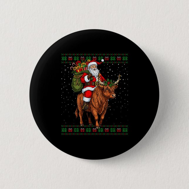 Macaron Rond 5 Cm Santa Riding Highland Cow Ugly Christmas Sweater  (Devant)