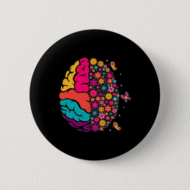 Macaron Rond 5 Cm Santé mentale Floral Cerveau Conscience de la dépr (Devant)