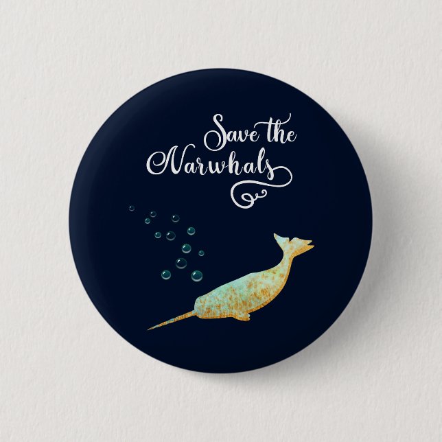 Macaron Rond 5 Cm Sauvez le Narwhals. Aquarelle, art de calligraphie (Devant)