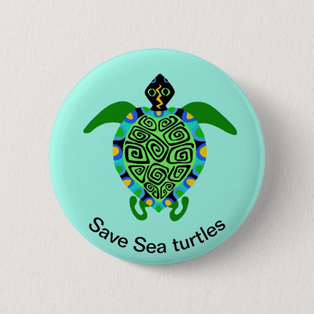 Macaron Rond 5 Cm Save SEA TURTLES - Faune - Ocean Aqua (Devant)