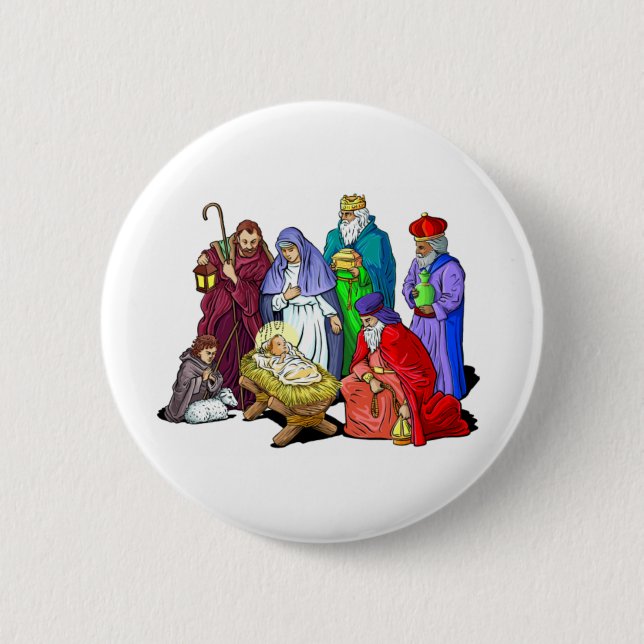 Macaron Rond 5 Cm Scène colorée de nativité de Noël (Devant)