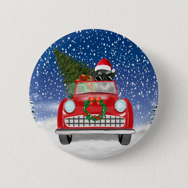 Macaron Rond 5 Cm Schnauzer Chien Conduite Voiture En Noël De Neige (Devant)