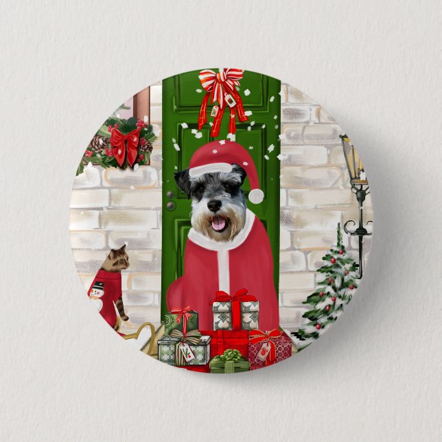 Macaron Rond 5 Cm Schnauzer Chien Noël (Devant)