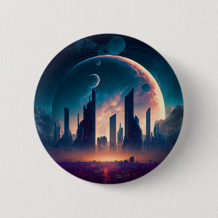 Macaron Rond 5 Cm Science-fiction Cyberpunk Space City
