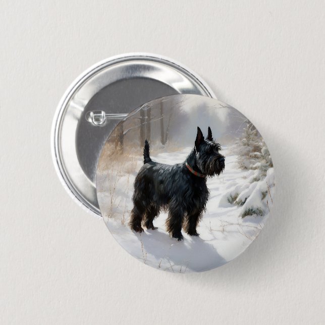 Macaron Rond 5 Cm Scottish Terrier Laisser Il Neige Noël (Devant & derrière)