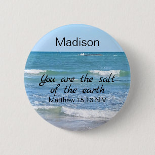 Macaron Rond 5 Cm Sel de la Terre Photo d'Ocean Bible Verse