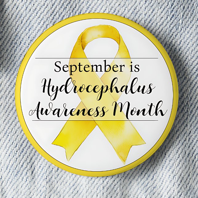 Macaron Rond 5 Cm Septembre Mois de sensibilisation à l'hydrocéphali (September is Hydrocephalus Awareness Month pinback button.  Yellow awareness ribbon.)