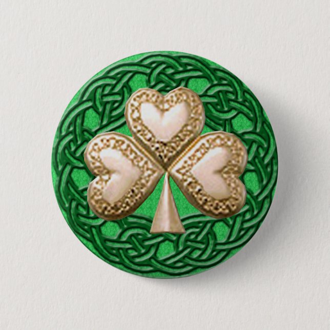 Macaron Rond 5 Cm Shamrock Or Sur Bouton Noeuds Celtiques (Devant)