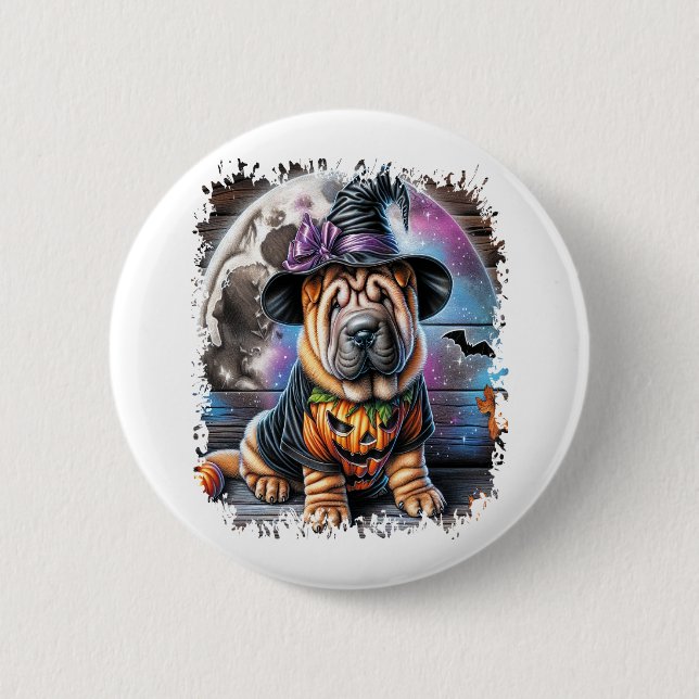 Macaron Rond 5 Cm Shar Pei Chien Carré d'Halloween (Devant)