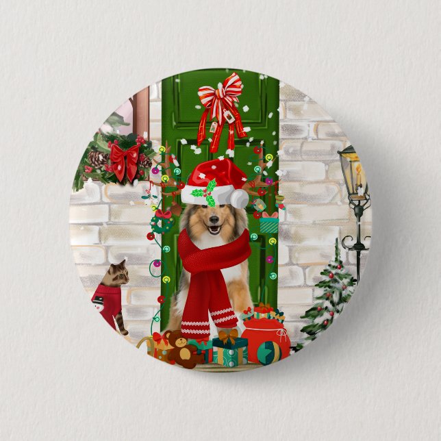 Macaron Rond 5 Cm Sheltie Chien Noël (Devant)