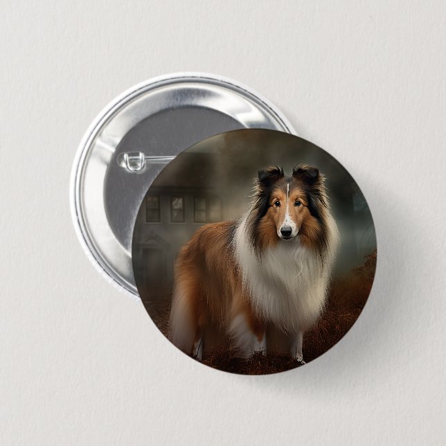 Macaron Rond 5 Cm Shetland Sheepdog Halloween effrayant (Devant & derrière)