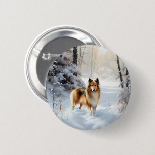 Macaron Rond 5 Cm Shetland Sheepdog Qu'il neige Noël