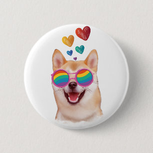 Macaron Rond 5 Cm Shiba Inu Chien avec Coeurs Saint Valentin