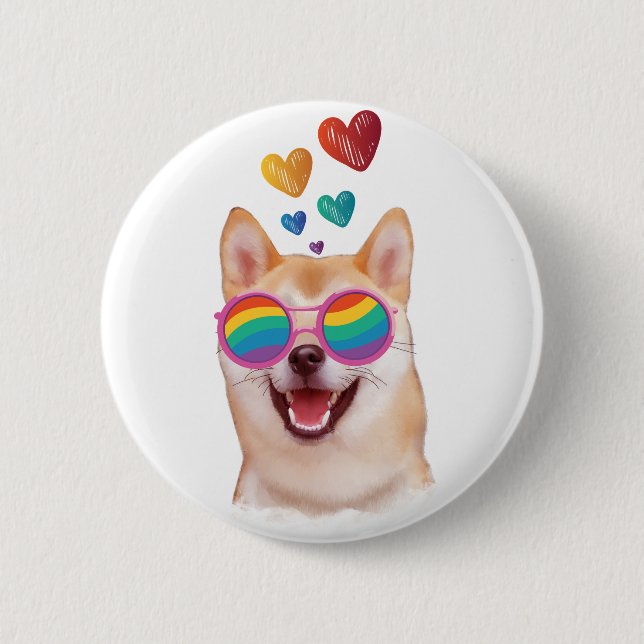 Macaron Rond 5 Cm Shiba Inu Chien avec Coeurs Saint Valentin (Devant)