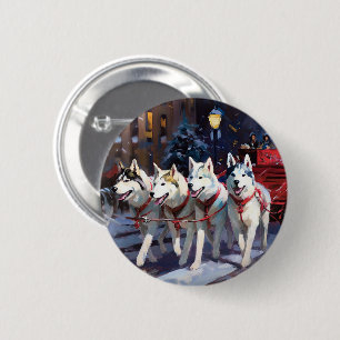 Macaron Rond 5 Cm Siberian Husky Saison de Noël festive