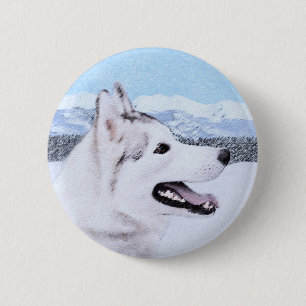 Macaron Rond 5 Cm Sibérie Husky (argent et blanc) Peinture Chien Art