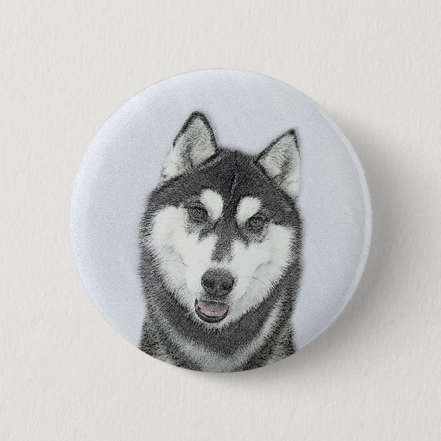 Macaron Rond 5 Cm Sibérie Husky (noir et blanc) Peinture Chien Art (Devant)