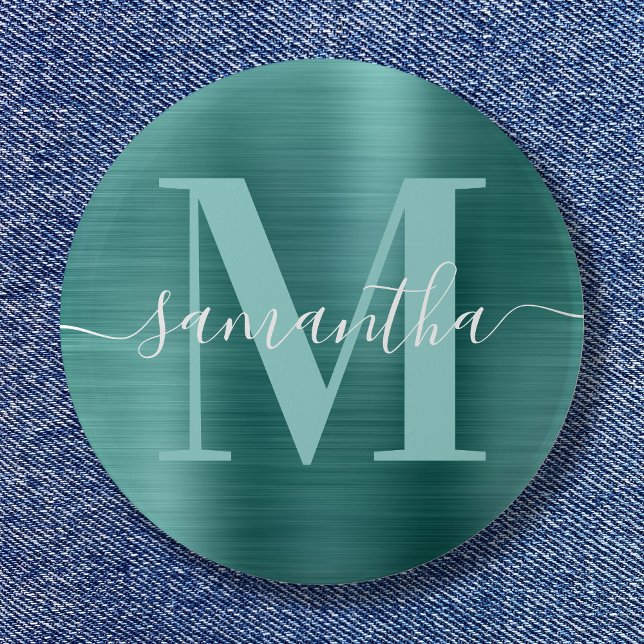 Macaron Rond 5 Cm Signature Monogram Aqua Turquoise Shimmer Foil (Signature Monogram Aqua Teal Shimmer Foil Button)