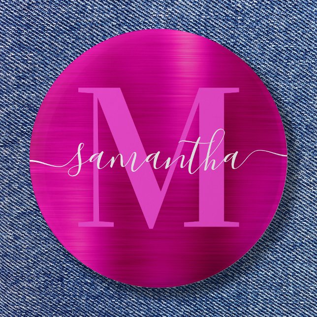Macaron Rond 5 Cm Signature Monogramme Pink Chaud Foil (Signature Monogram Hot Pink Shimmer Foil Button)