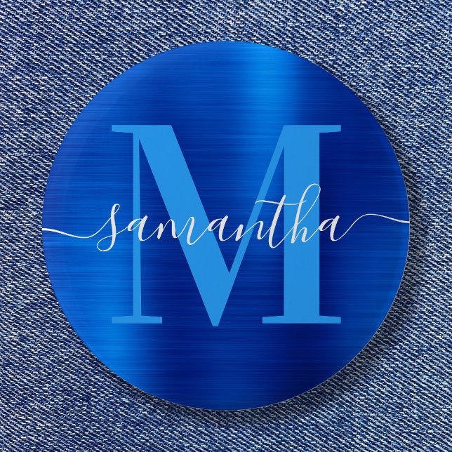 Macaron Rond 5 Cm Signature Monogramme Royal Blue Foil (Signature Monogram Royal Blue Foil Button)