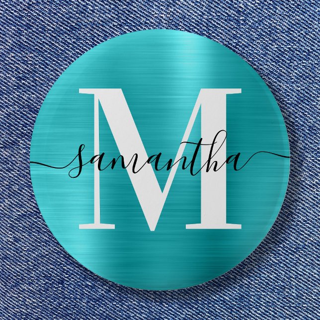 Macaron Rond 5 Cm Signature Monogramme Turquoise Blue Shimmer Foil (Signature Monogram Turquoise Blue Shimmer Foil Button)