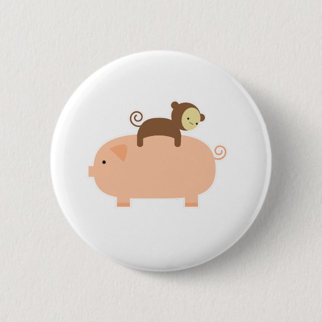 Macaron Rond 5 Cm Singe de bébé montant vers l'arrière sur un porc (Devant)